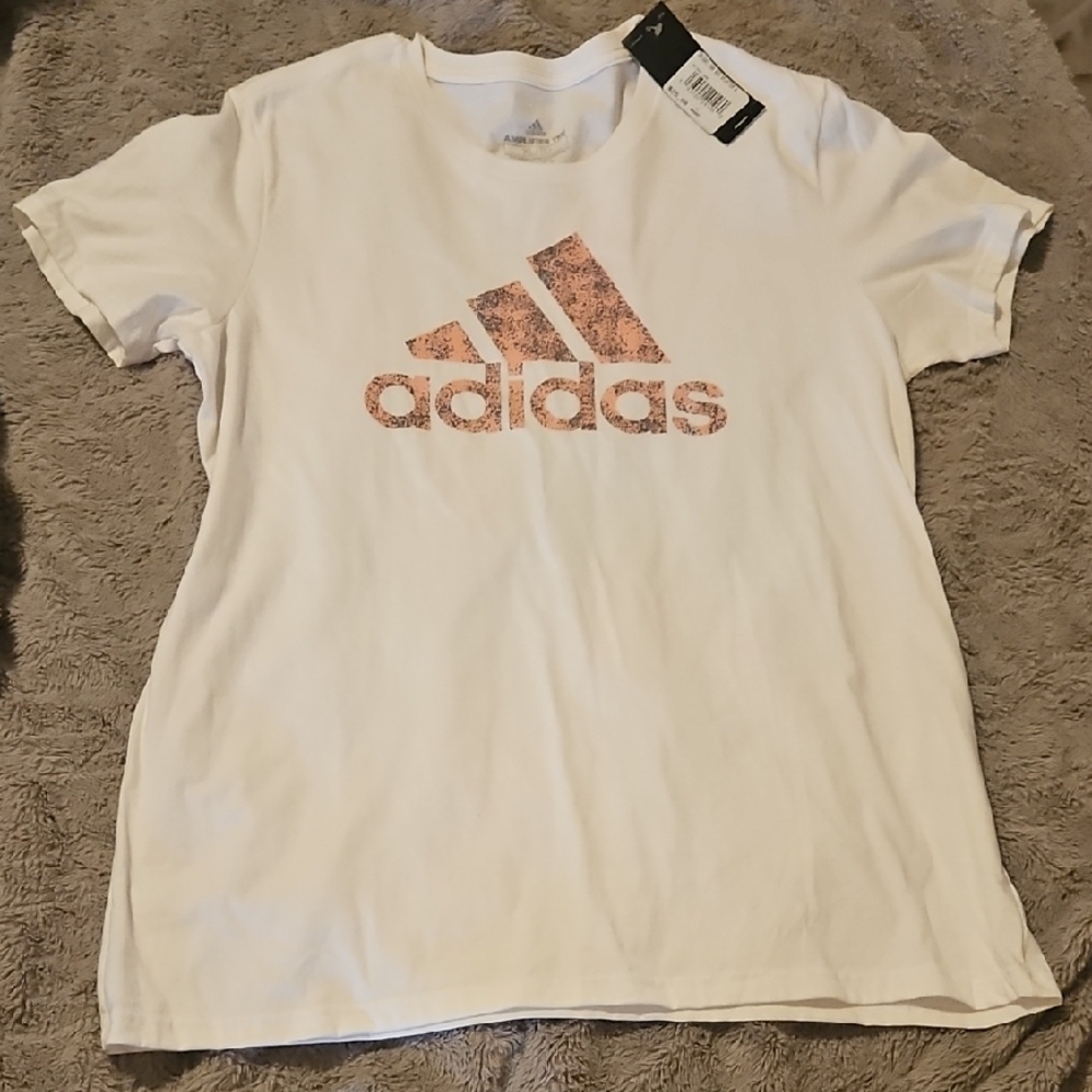 Adidas White Tee with Distressed Pink Logo